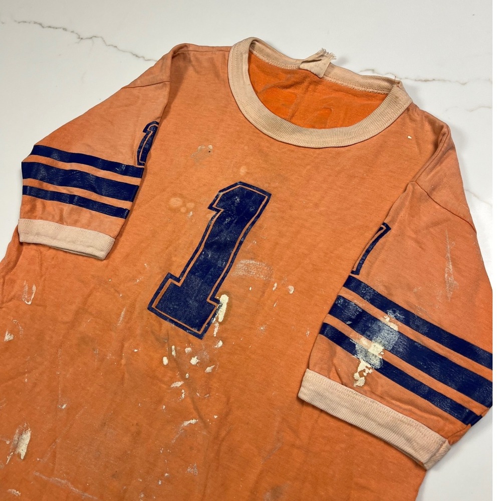 60s jersey shirt Mens XL Orange Blue Distressed Paint Splatter Vintage Tee